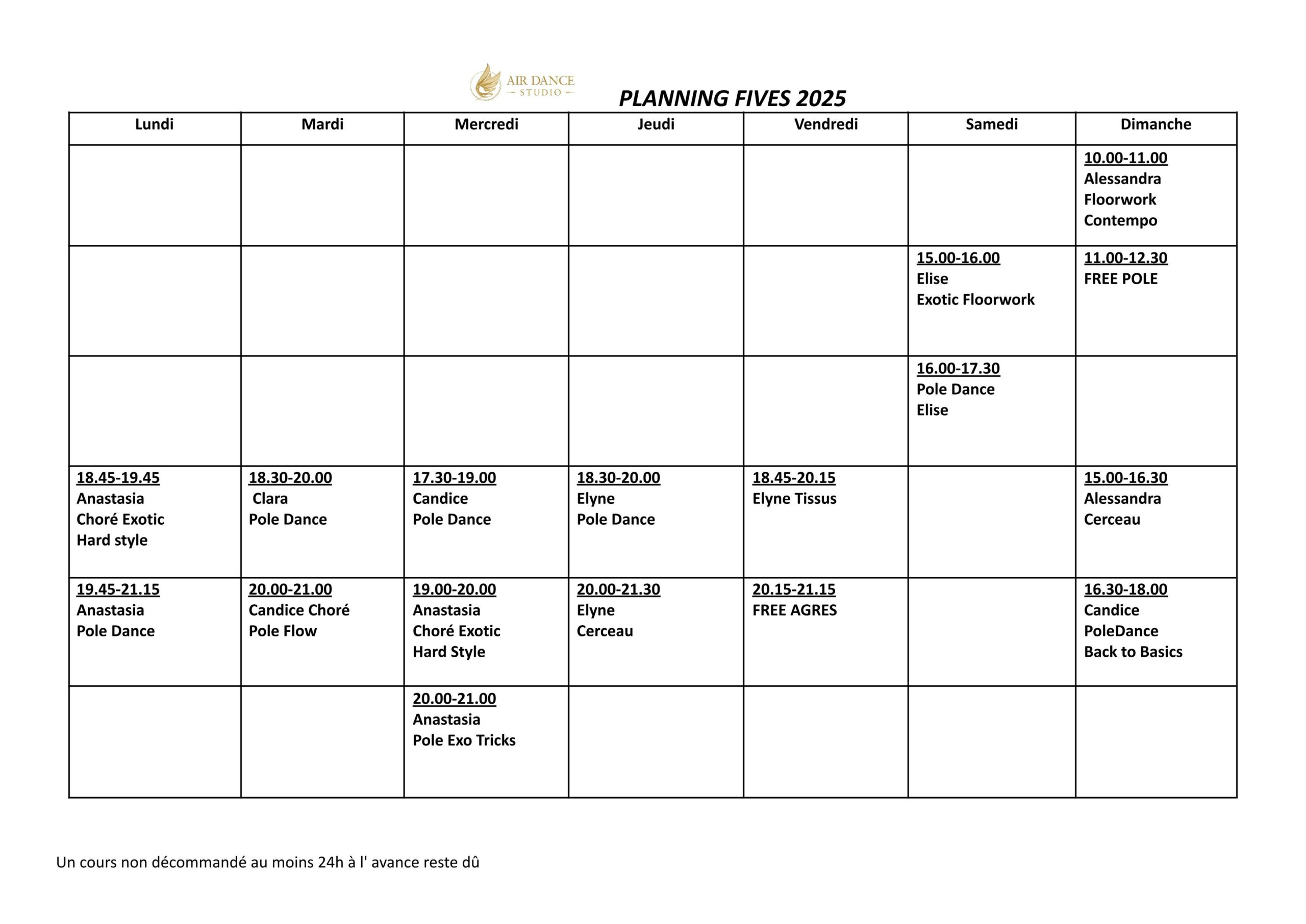Planning des cours du club de pole dance Air Dance Studio à Fives (coté de Lille) : Découvrez les horaires et les séances de pole dance offertes par ce studio de pole danse