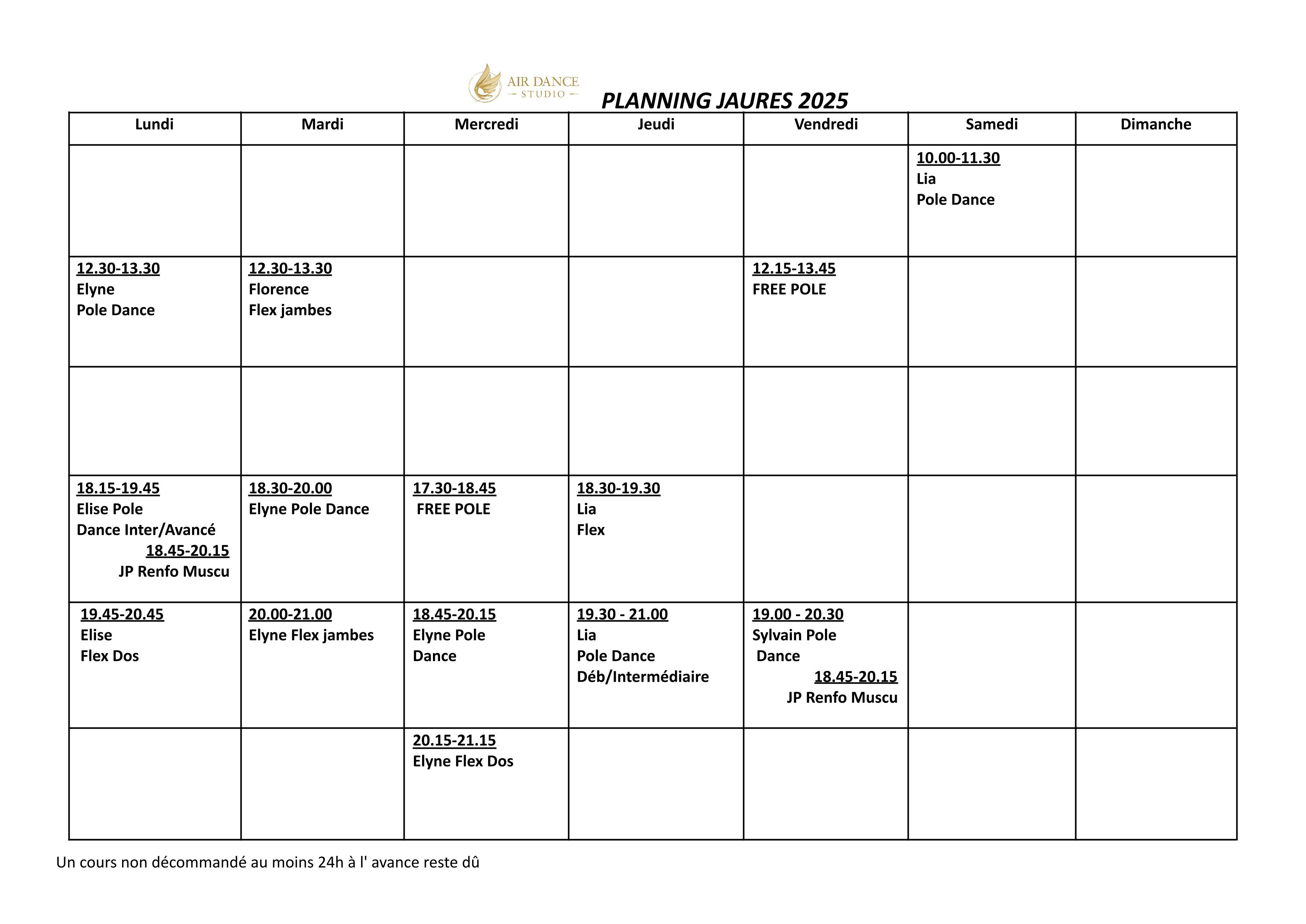 Planning des cours du club de pole dance Air Dance Studio à Jaures (Lille) : Découvrez les horaires et les séances de pole dance offertes par ce studio de pole danse 